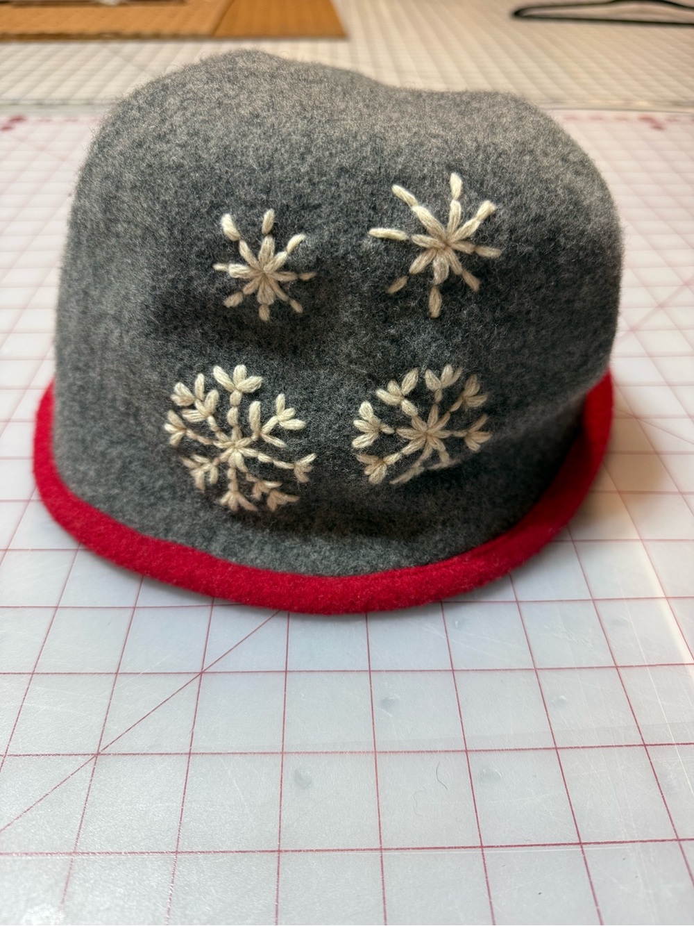 Women’s Wool bucket Hat with White Snowflake Embroidery - Gray with Red Trim